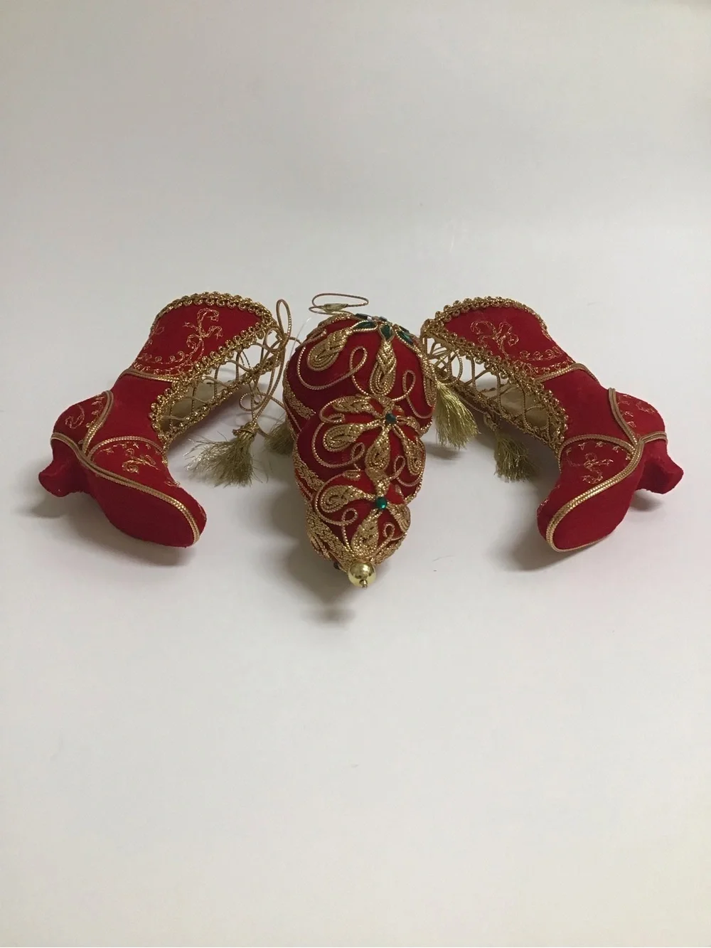 Victorian Look Christmas Tree Ornaments SET OF 3 Red Velvet Gold Trim Boots NEW